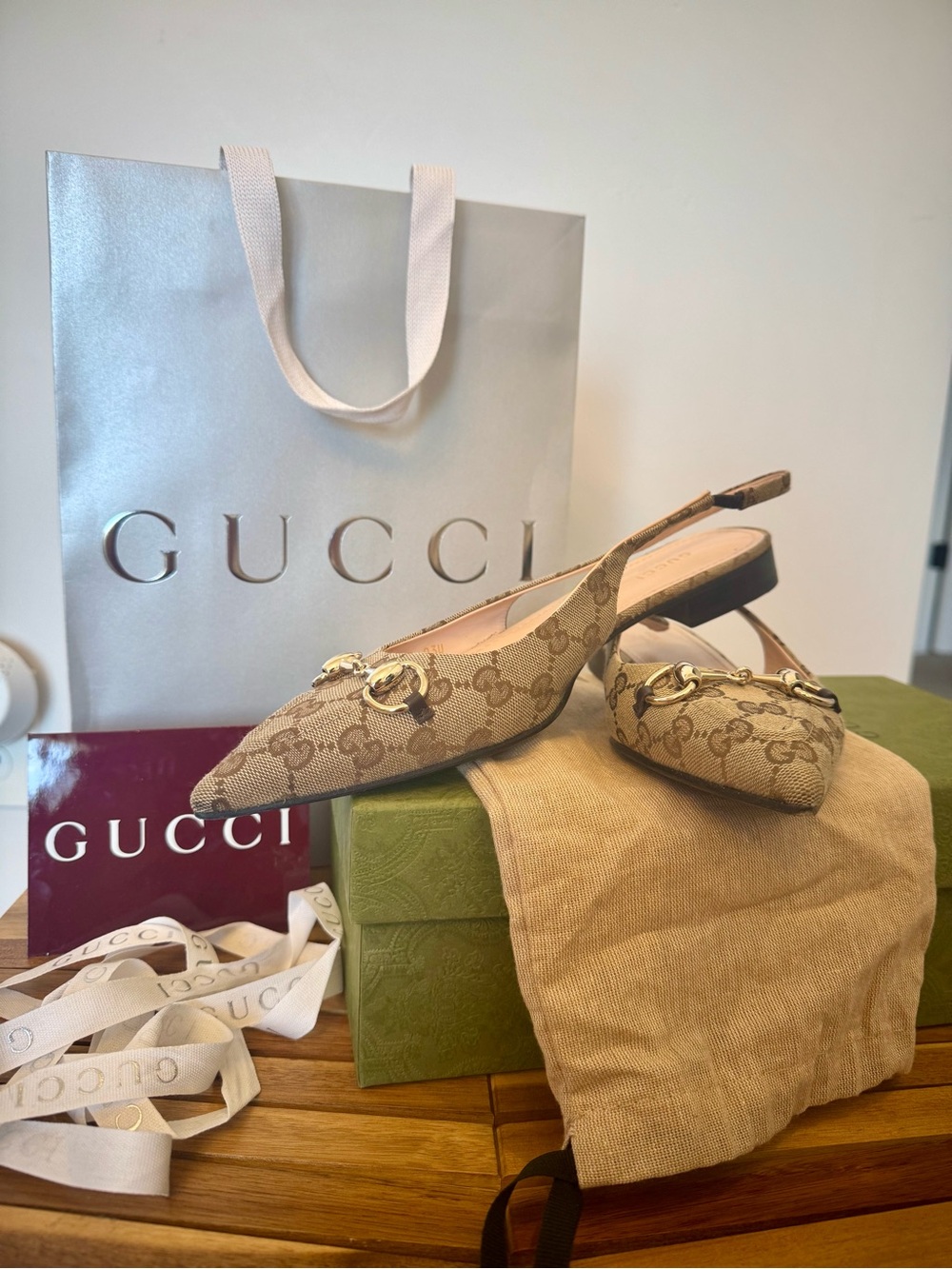 Gucci Beige GG Canvas Horsebit Pointed Slingback Flats
